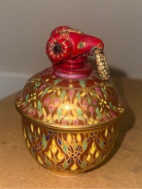 Source Unknown Red and Gold Cloisonné Ram-Head Trinket Jar